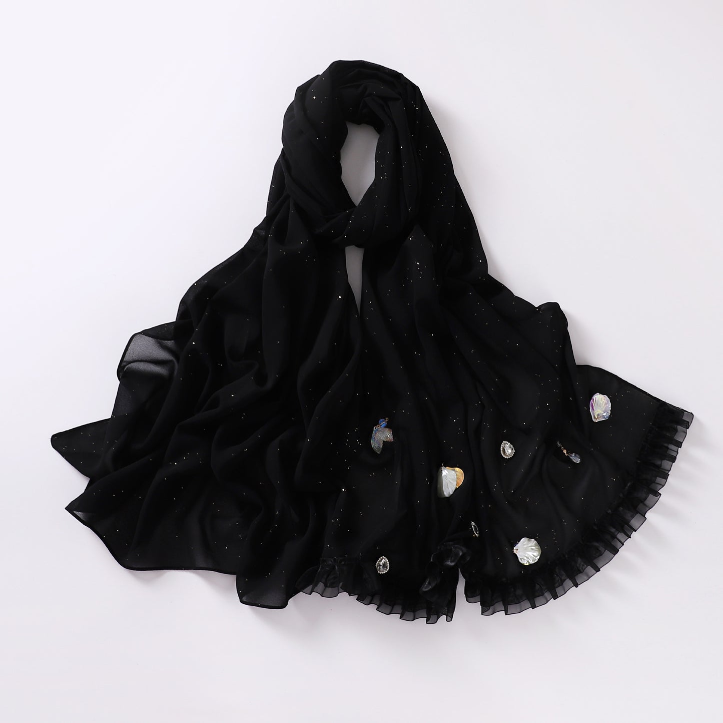 sprinkled gold pearl chiffon shell mermaid scarf single head lace headscarf