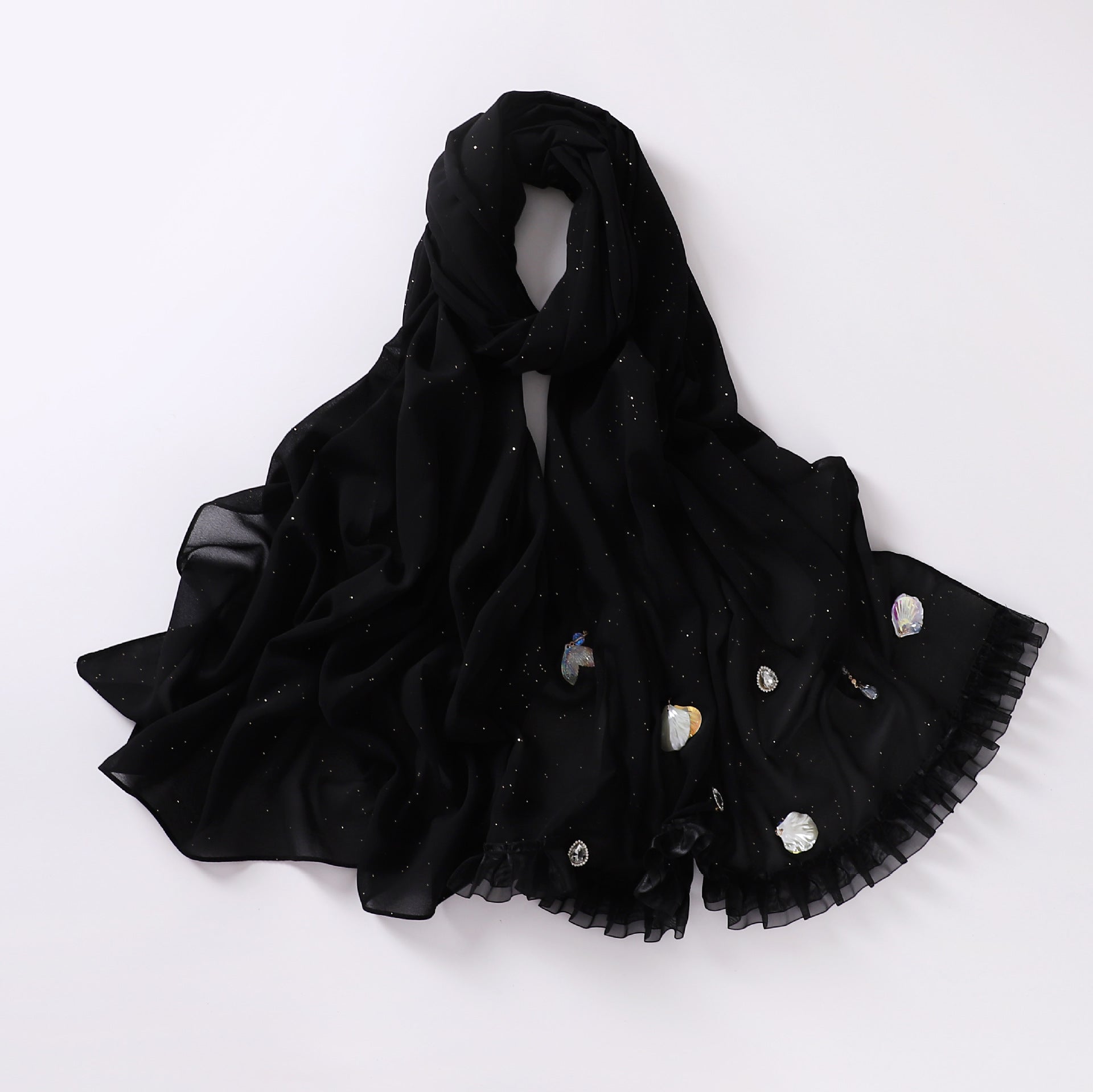 sprinkled gold pearl chiffon shell mermaid scarf single head lace headscarf