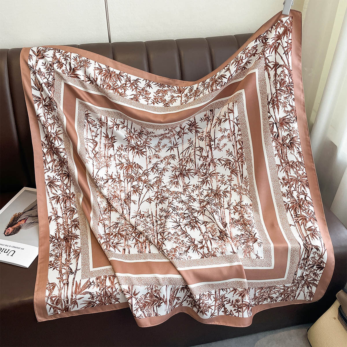 Autumn new classic bamboo leaf 90 printed large square scarf women's imitation silk high-end fashion shawl scarf