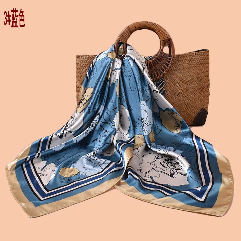 Spring and summer temperament big flower printing versatile decorative scarf headscarf silk scarf 90 high-quality satin large square scarf