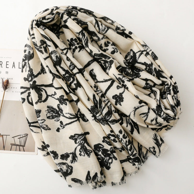 Vintage ethnic style cotton and linen feel scarf plant flower branch silk scarf thick shawl ladies