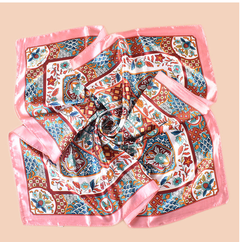 Spring new fashion big shawl simulation silk plant flower printing silk scarf head scarf 90 color square scarf