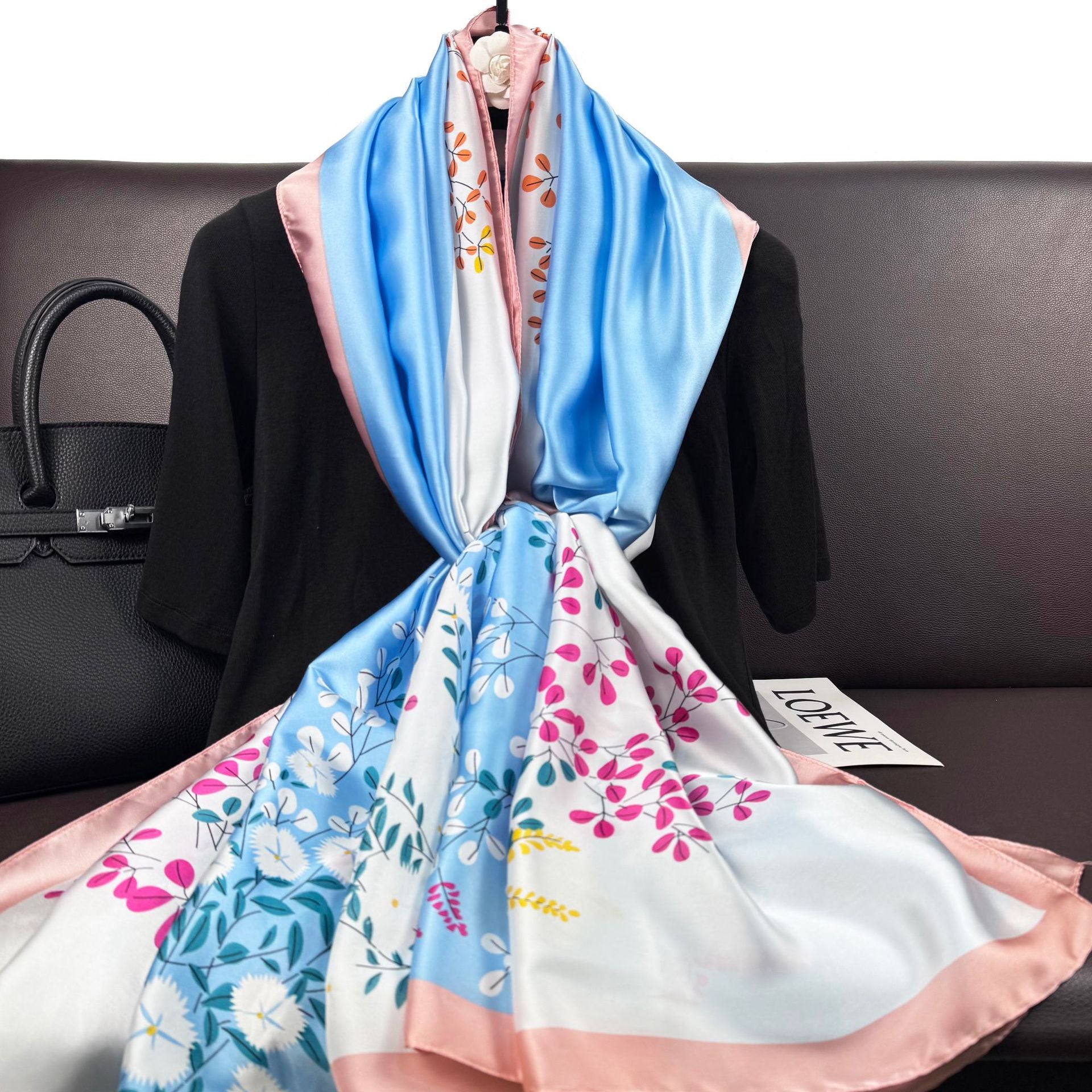 Fashion versatile color matching plant flower simulation silk printing long silk scarf, temperament women's vacation sunscreen