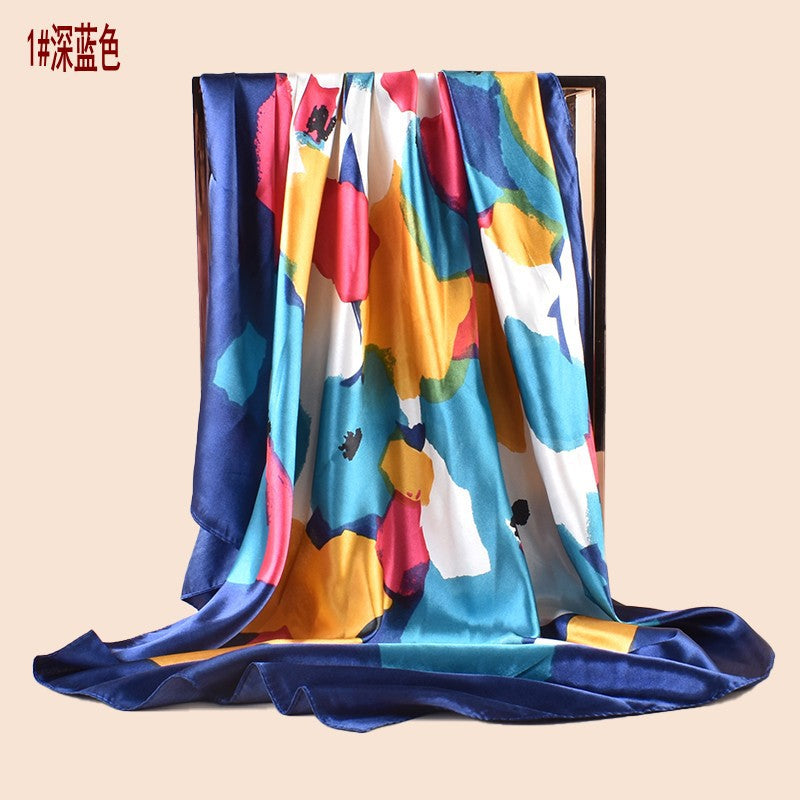 Spring new fashionable versatile large shawl simulation silk color graffiti printing silk scarf head scarf 90cm-color diced square scarf