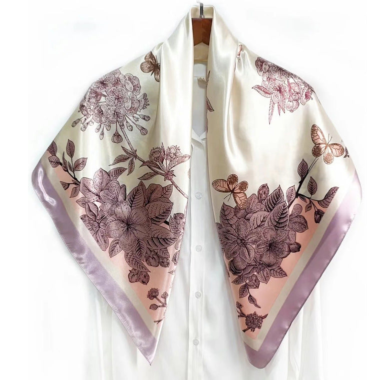 Simple and elegant plant flower flower, satin 90 square scarf, high-end women's headscarf with hand gift silk scarf