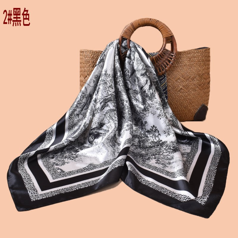 2025 spring and summer ink painting printing versatile decorative scarf headscarf silk scarf 90 high-quality satin square scarf