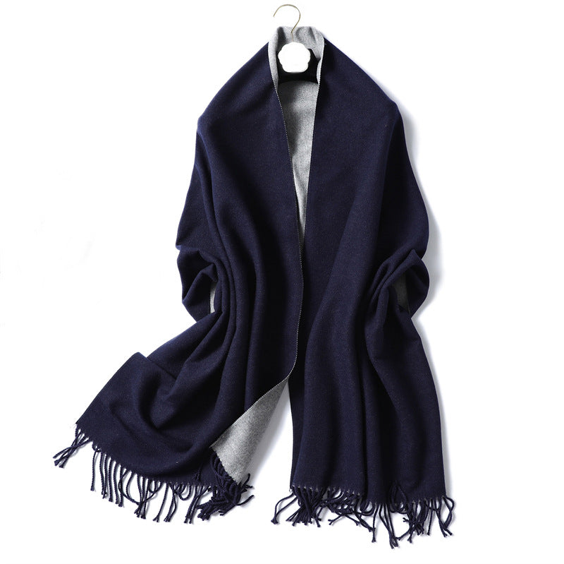 Simple solid color imitation cashmere scarf men's and women's winter thickened warm double-sided two-color versatile fringed shawl core-spun yarn