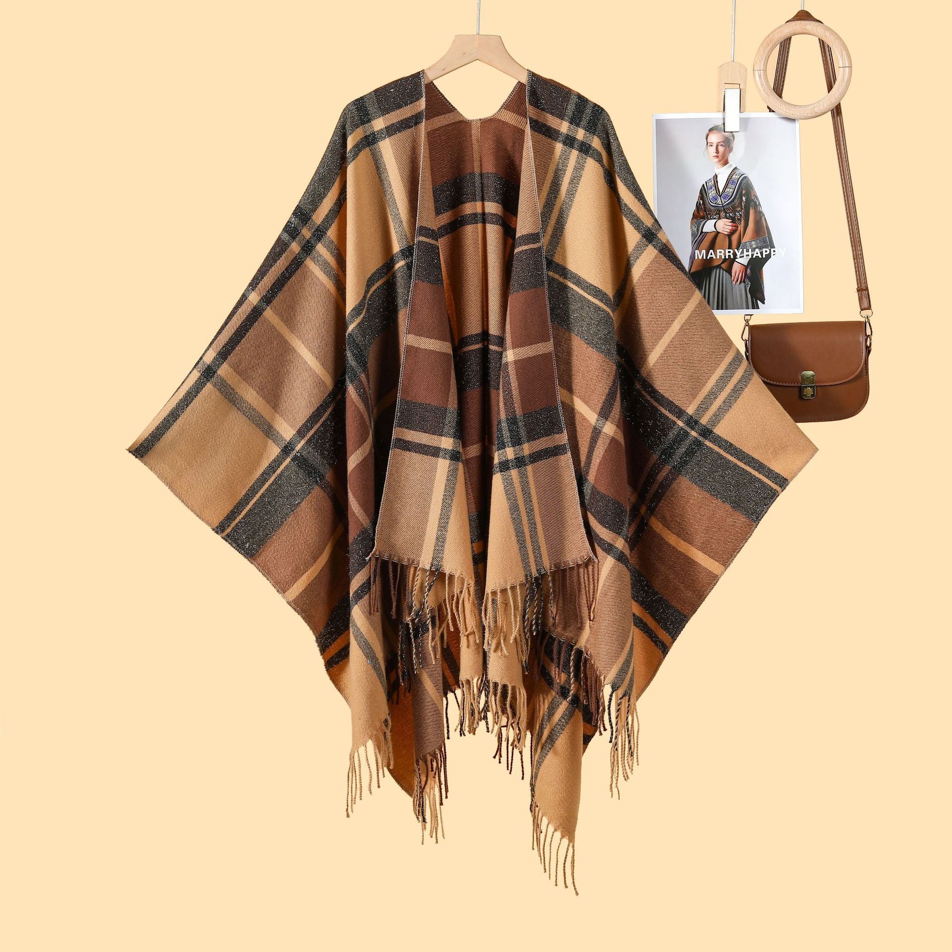 Women's Classic Silver Silk Plaid Cape Cape European and American Street Fashion Catwalk Outside Cape Spring and Autumn Warm Cape