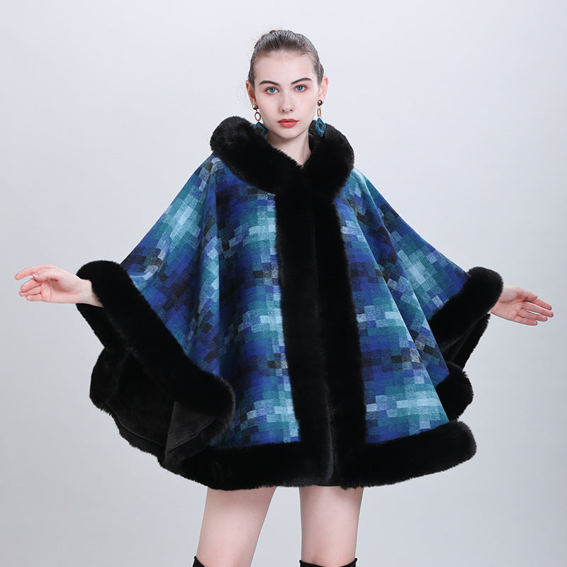 European and American autumn and winter fashion new cape shawl piled thickened plaid fur collar hooded scarf shawl cape 0985