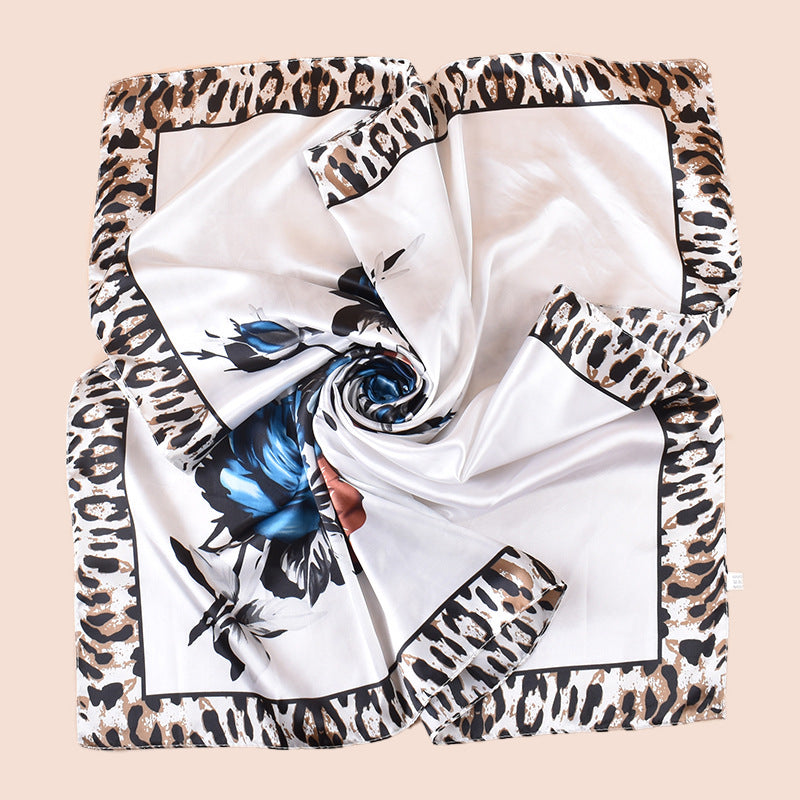 Spring new large shawl simulation silk leopard print rose printing silk scarf head scarf 90-color large square scarf