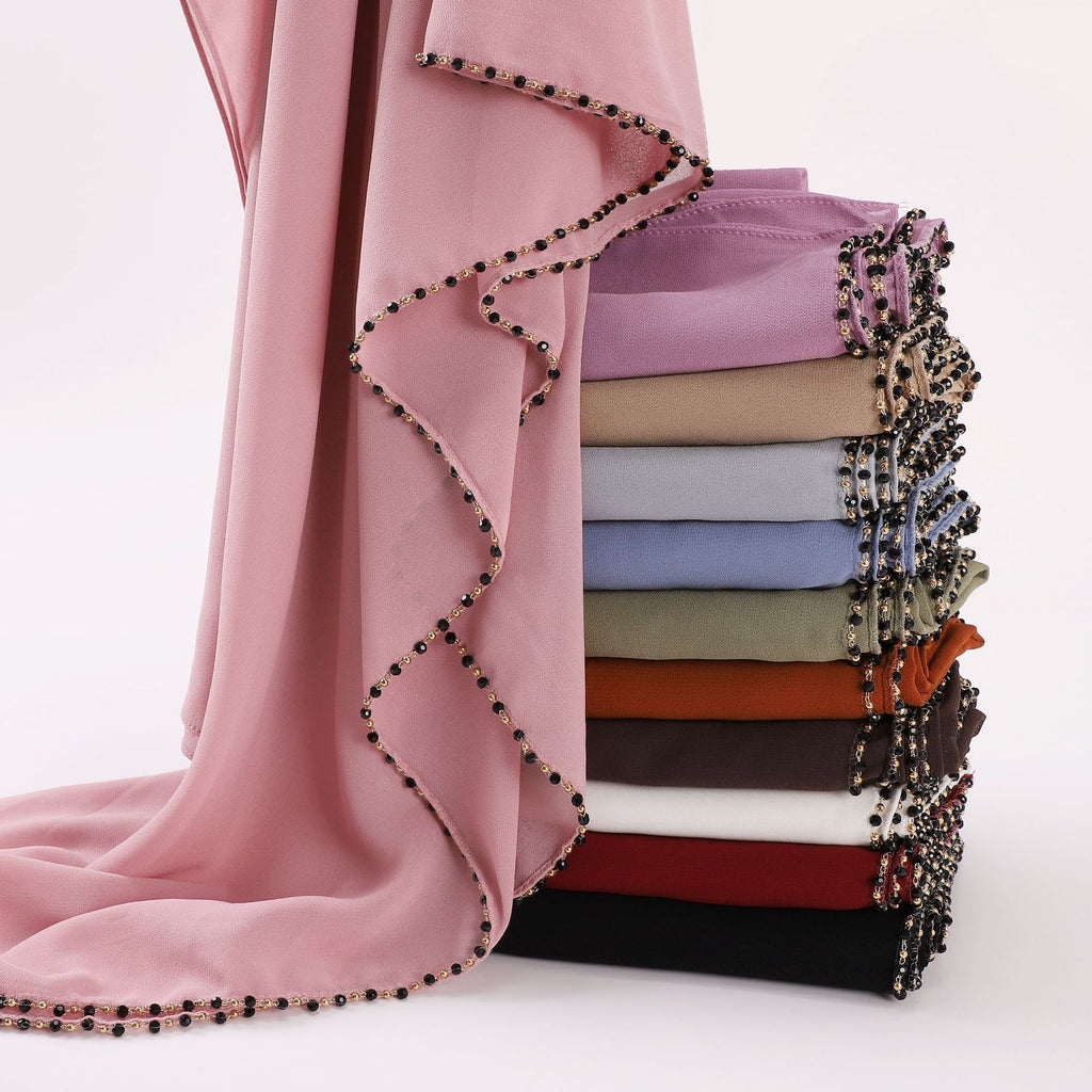 New copper chain, black crystal pearl chiffon scarf, yarn scarf, Middle East and Africa headscarf.