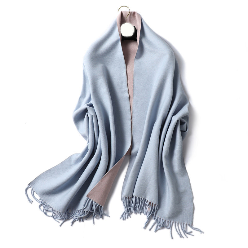 Simple solid color imitation cashmere scarf men's and women's winter thickened warm double-sided two-color versatile fringed shawl core-spun yarn