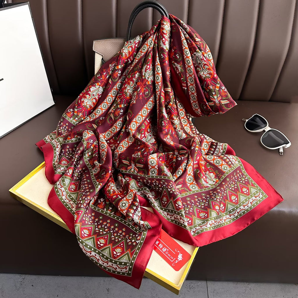 Korean version of fashion versatile Guochao ethnic style totem printing long silk scarf, simple and elegant temperament women's air-conditioned room shawl