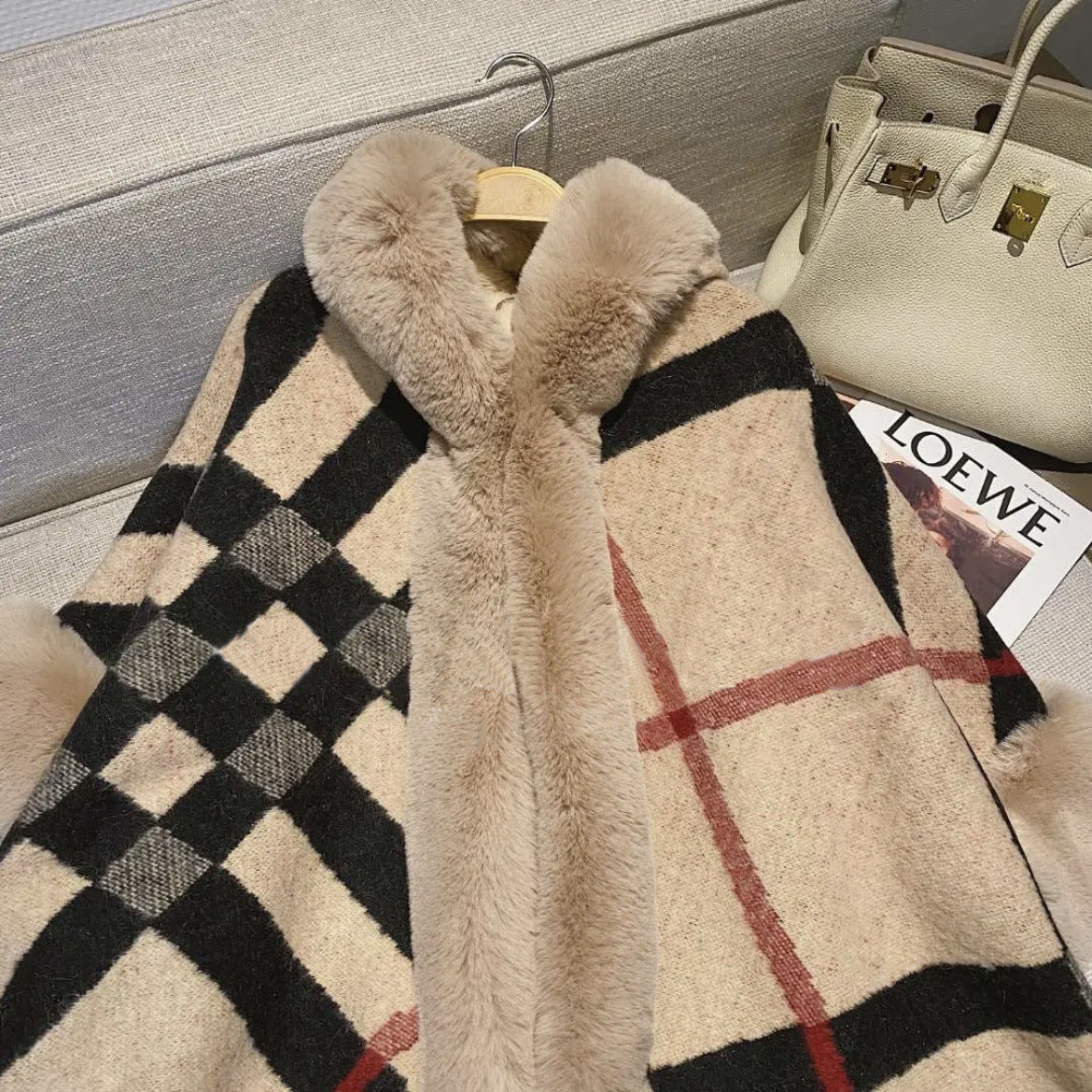 Autumn and winter temperament plaid plush thickened fur collar knitted shawl cape women's woolen coat 0862 #