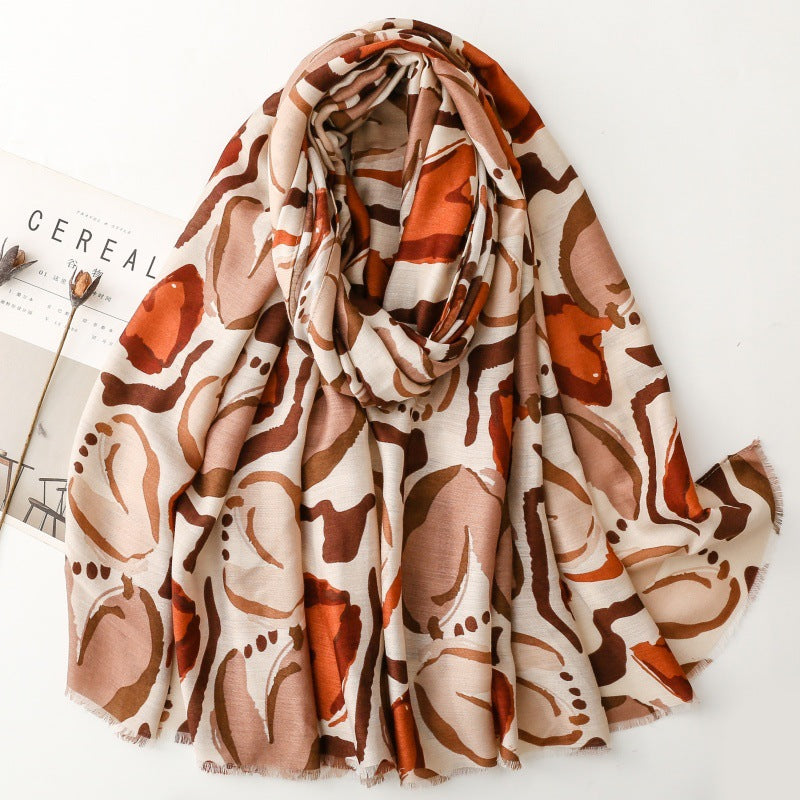 Stylish and simple commuter cotton and linen feel scarf plant flower burr silk scarf thick shawl