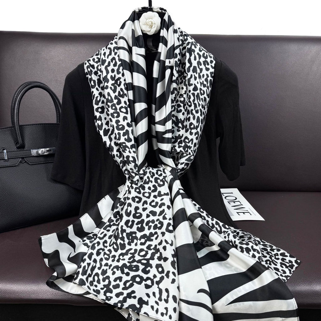 European and American fashion black and white leopard print texture printing long silk scarf, Korean version of versatile women's decorative outer shawl, scarf