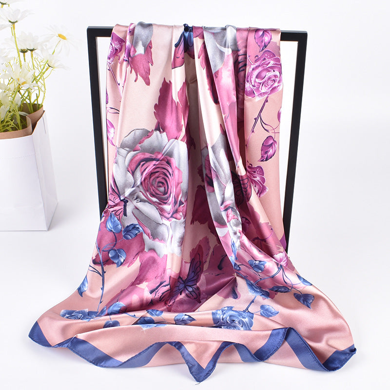 New fashionable versatile crystal rose pattern printing high-quality 90 * 90 satin square towel