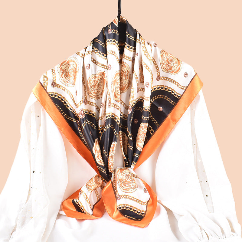 Spring and summer scarf chain flower printing versatile decorative scarf headscarf silk scarf 90 high-quality satin square scarf