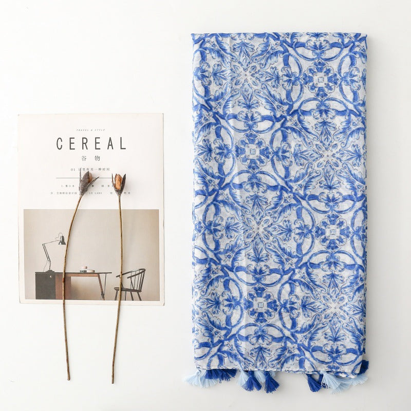 Bohemian exotic ethnic style blue blue and white porcelain geometric fringed shawl