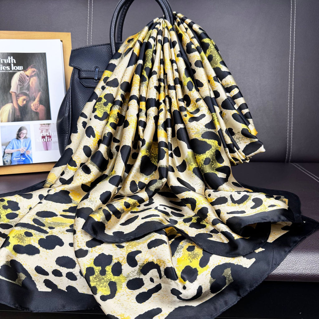 European and American fashion simulation silk long silk scarf, simple and versatile leopard print simulation silk travel vacation shawl