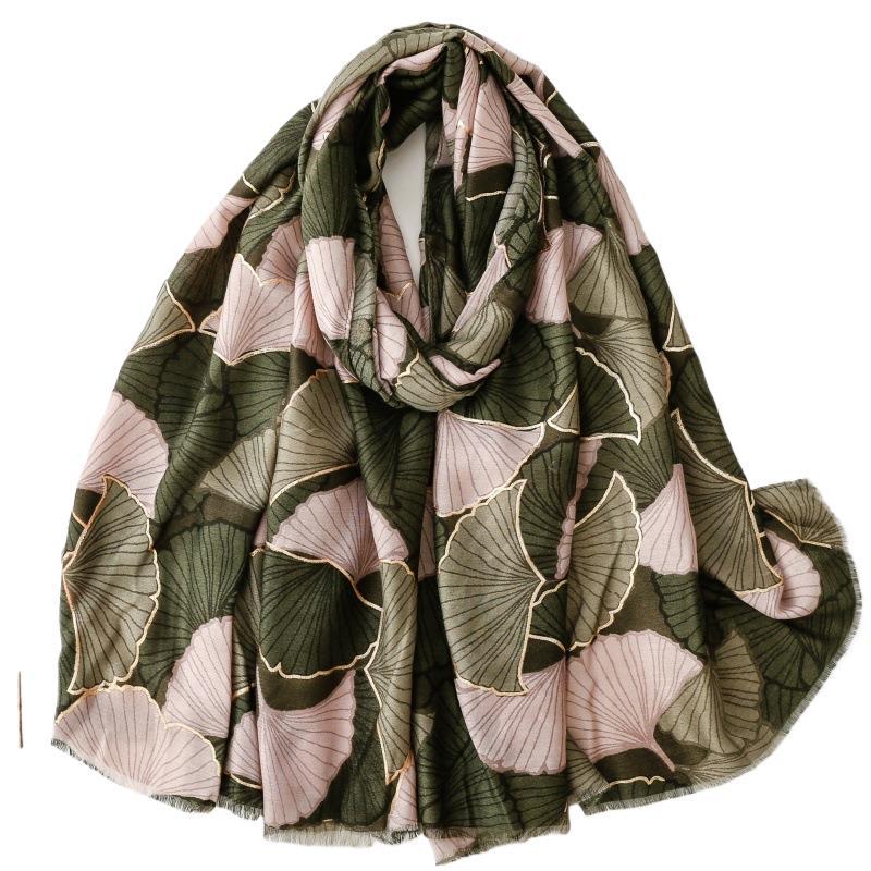 Cotton and linen feel scarf soft silk scarf bronzing golden autumn ginkgo biloba print shawl