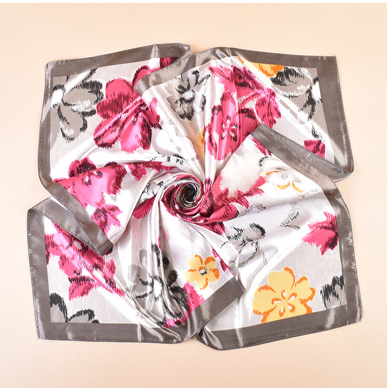 Spring new fashionable versatile large shawl imitation silk flower printing silk scarf head scarf 90-color square scarf