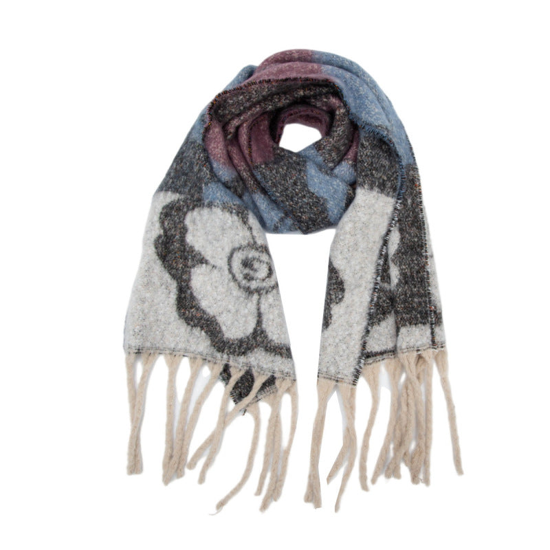 European, American autumn and winter new loop yarn imitation mohair jacquard four-leaf flower scarf