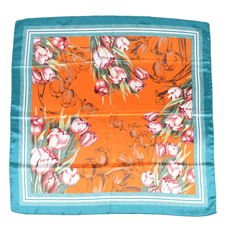 Summer new fashion versatile tulip bouquet print 90-color square scarf silk scarf headscarf