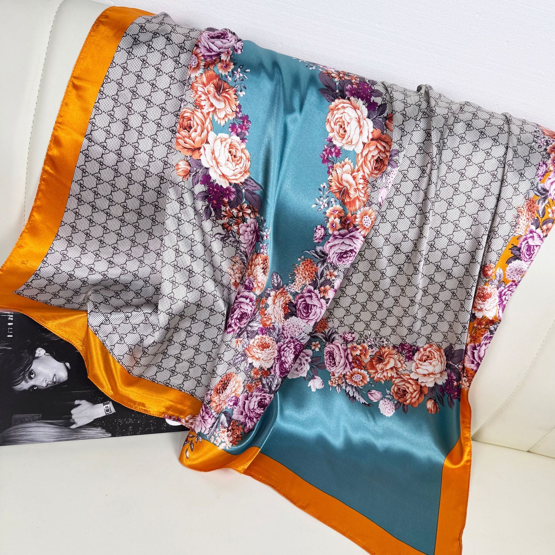 European and American fashion court fan cashew pattern flower flower print silk scarf, imitation silk satin large square scarf headscarf