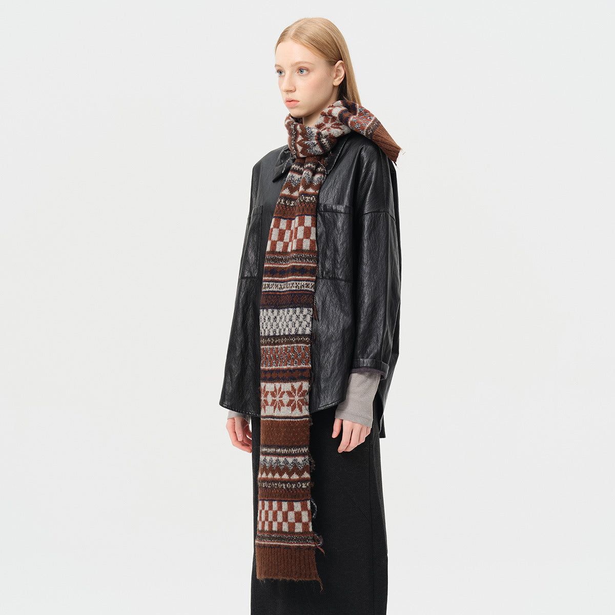 Designer 50% wool blended Fair Island jacquard rough edge knitted scarf women's winter vintage wool scarf