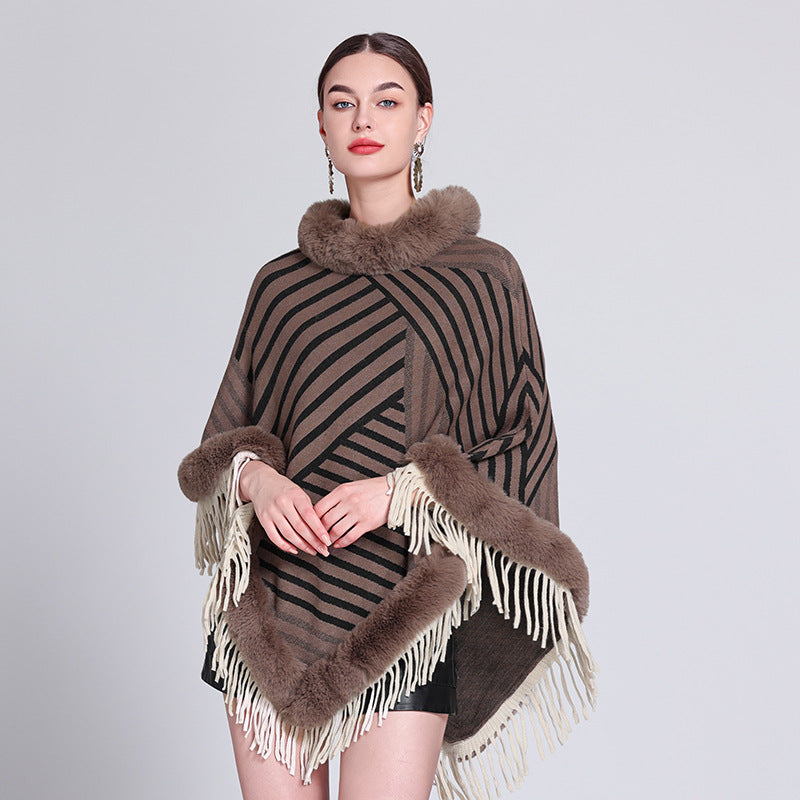 Cross-border Europe, America, autumn and winter new pullover knitting fashion contrasting colors fringed cape shawl shawl outside