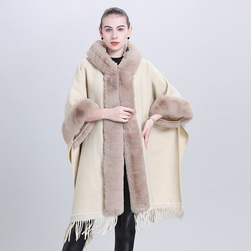 large size coat fur collar plaid hooded fringed cape shawl knitted shawl cardigan 1534