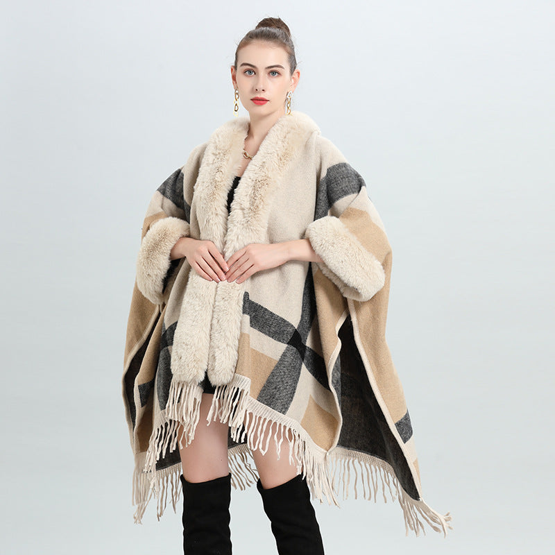 European and American autumn and winter new imitation Rex rabbit fur collar fashion striped loose fringed knitted cardigan shawl cape 0913 #