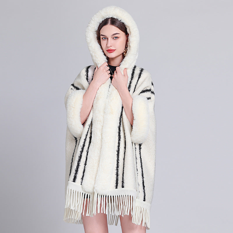 Europe, America, autumn and winter new woolen coat fur collar hooded plush thickened warm fashion fringed cape shawl outside