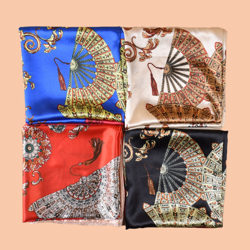 2025 new 90cm-satin classical national style fan printed square scarf with sunscreen, bag head silk scarf decoration, scarf