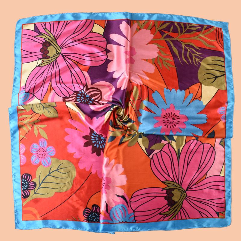 2025 new 90cm-satin cartoon large flower printing square scarf with sunscreen bag head silk scarf decorative scarf
