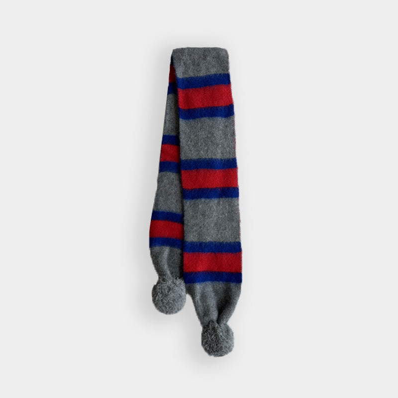 Designer wool-blend brushed striped knitted scarf female winter girl hanging hairball contrasting color Korean scarf