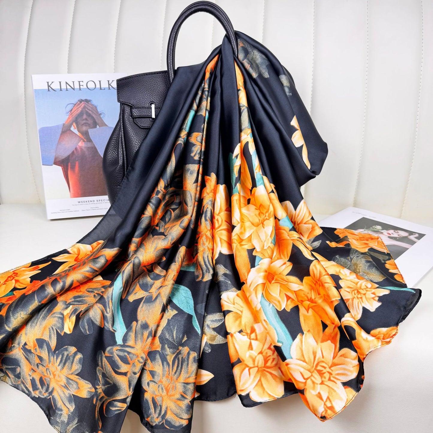 Literary retro flower beautiful brocade long silk scarf, elegant temperament mother lady decorative shawl scarf