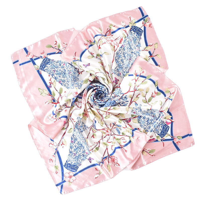 Autumn and winter new simple ethnic style blue and white porcelain vase pattern silk scarf printing 90 color diced high-end large square scarf