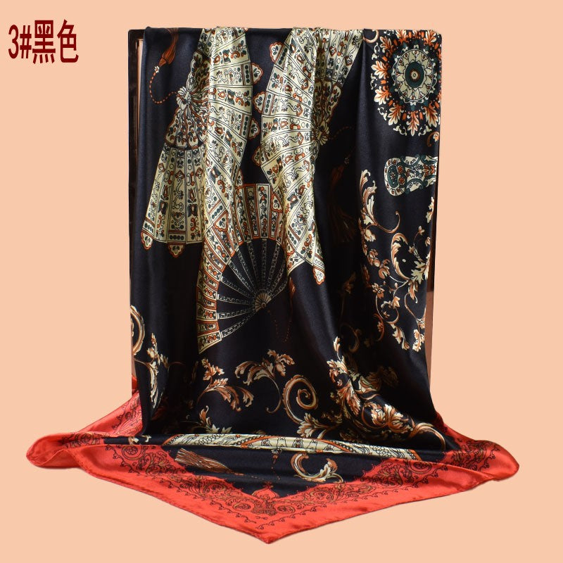 2025 new 90cm-satin classical national style fan printed square scarf with sunscreen, bag head silk scarf decoration, scarf