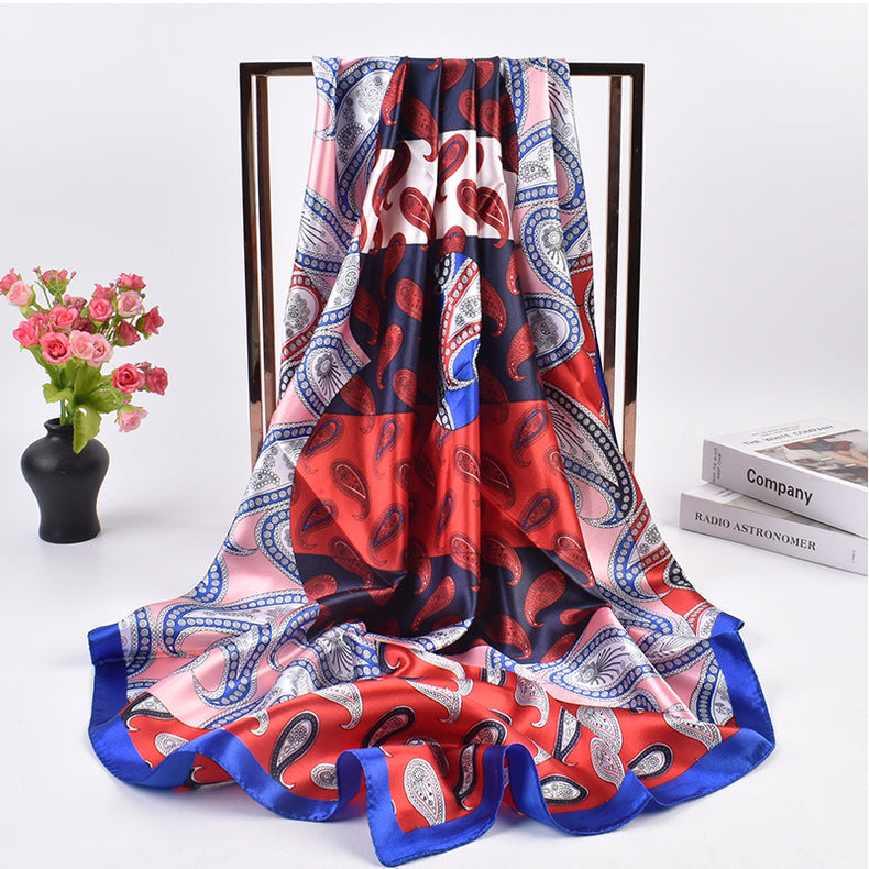 New French simple cashew flower pattern printing 90cm satin square scarf scarf silk scarf