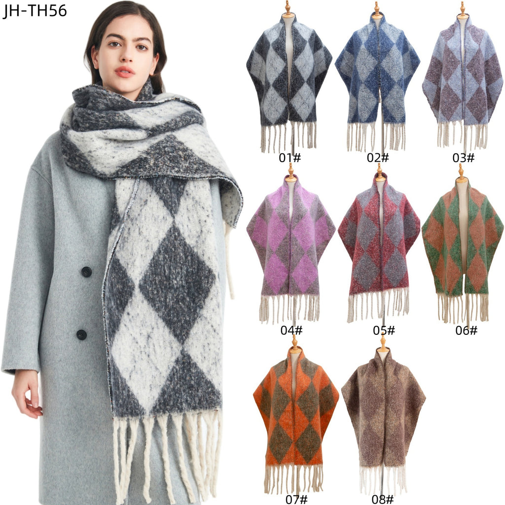 2025 new European, American autumn and winter circle yarn jacquard rhombus fringed scarf