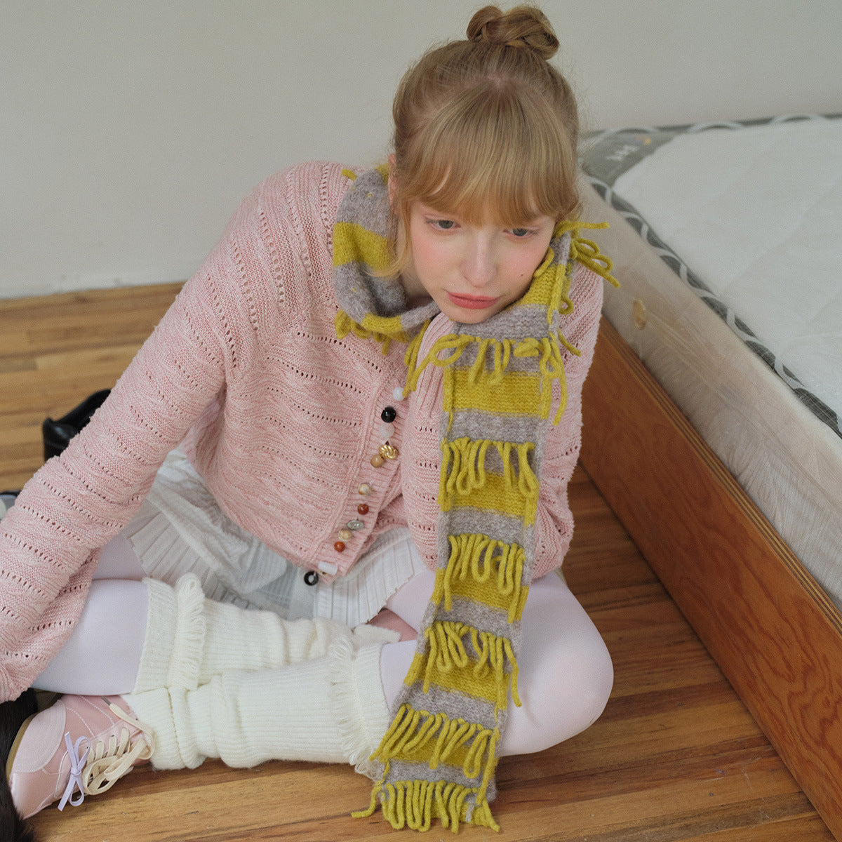 Handmade rope wool blended striped sausage scarf women's autumn and winter personality matching millennial fine and narrow knitted scarf