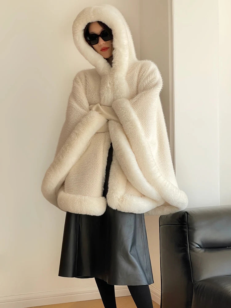 Europe, America, autumn and winter new fashion shawl outer cape piled thickened imitation fur fur collar cape shawl coat women