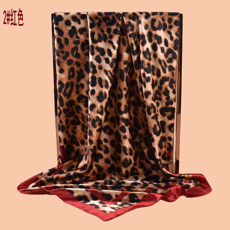 2025 new 90cm-satin classic leopard print square scarf with sunscreen bag head silk scarf decorative scarf
