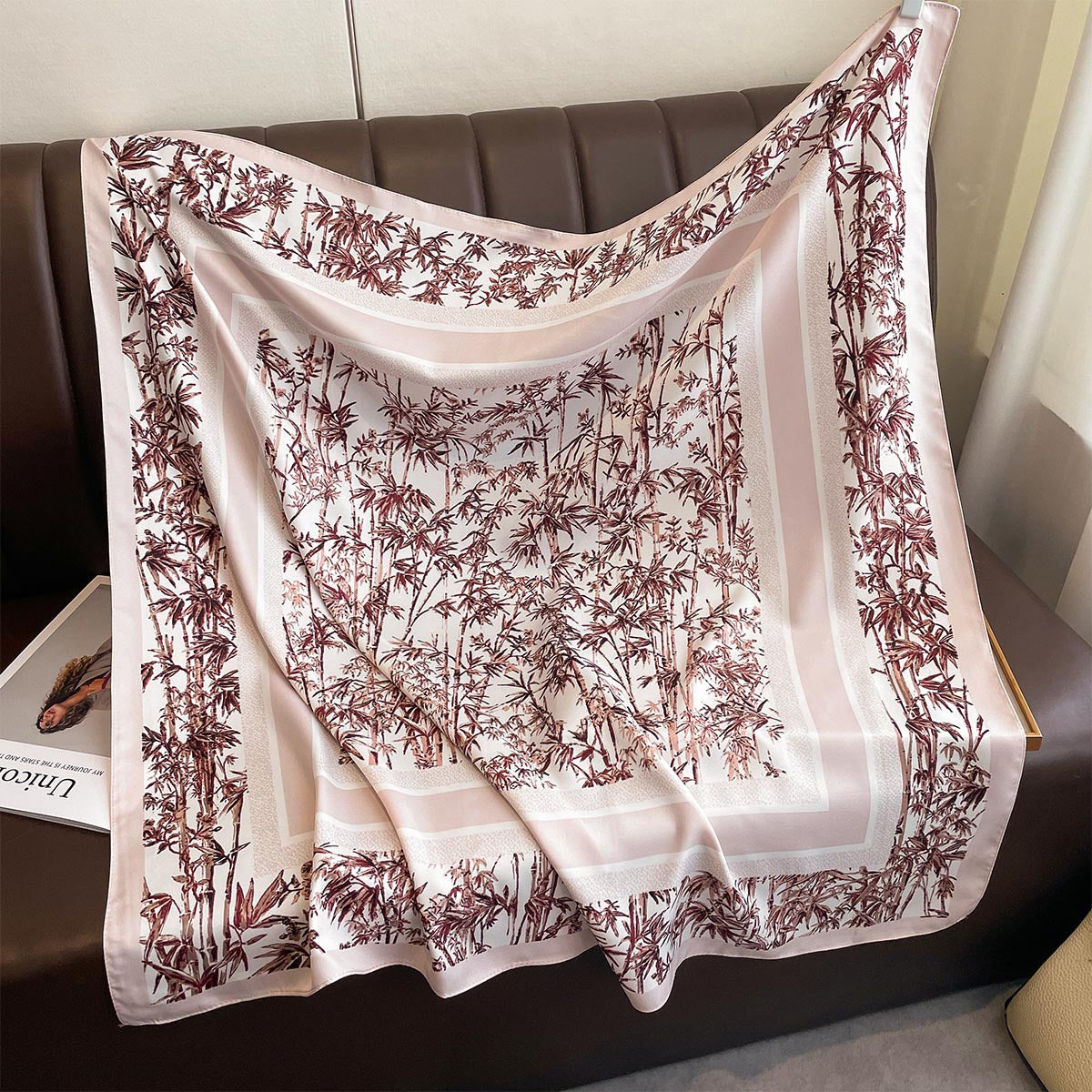 Autumn new classic bamboo leaf 90 printed large square scarf women's imitation silk high-end fashion shawl scarf