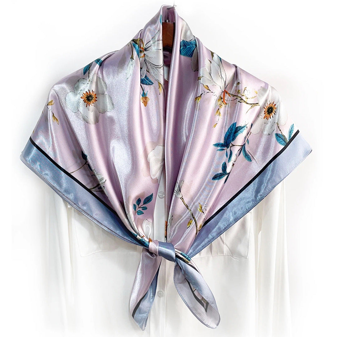 Elegant temperament women's decorative scarf, imitation silk satin plant flower flower printed silk scarf, bag head square scarf