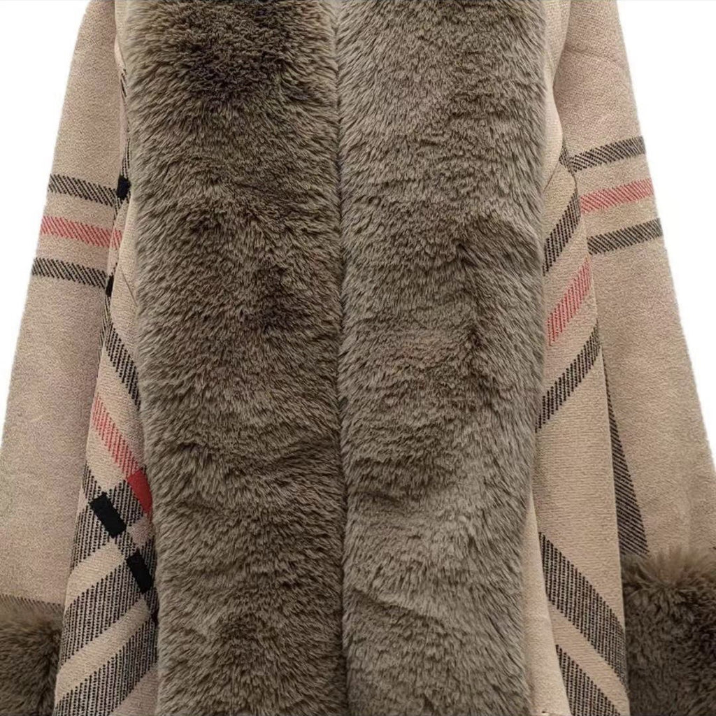 8325 #autumn and winter new irregular large fur collar plaid fringed shawl jacket medium and long knitted cardigan