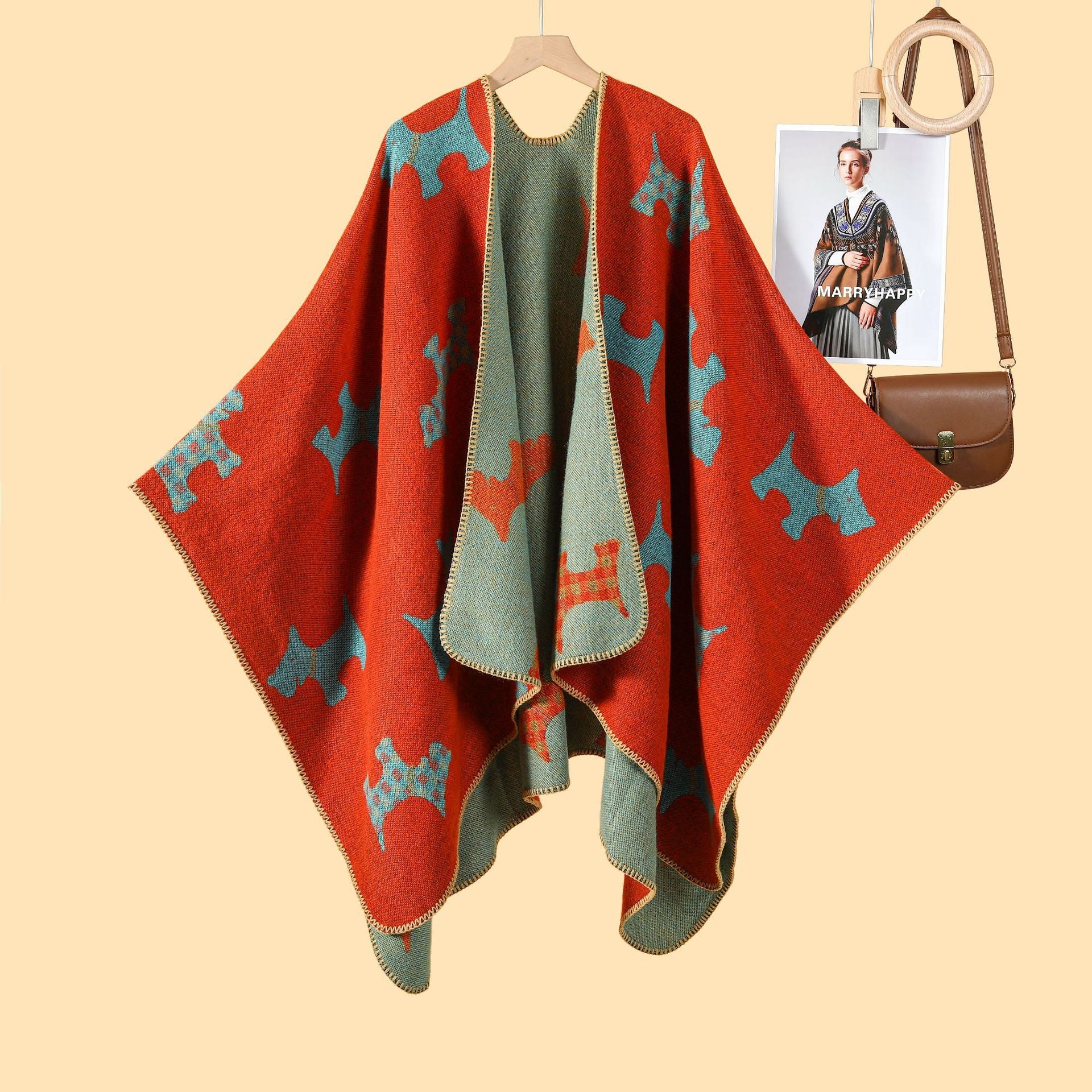 Women's simple cartoon picture split shawl autumn and winter thickened warm jacquard cloak cardigan hot new