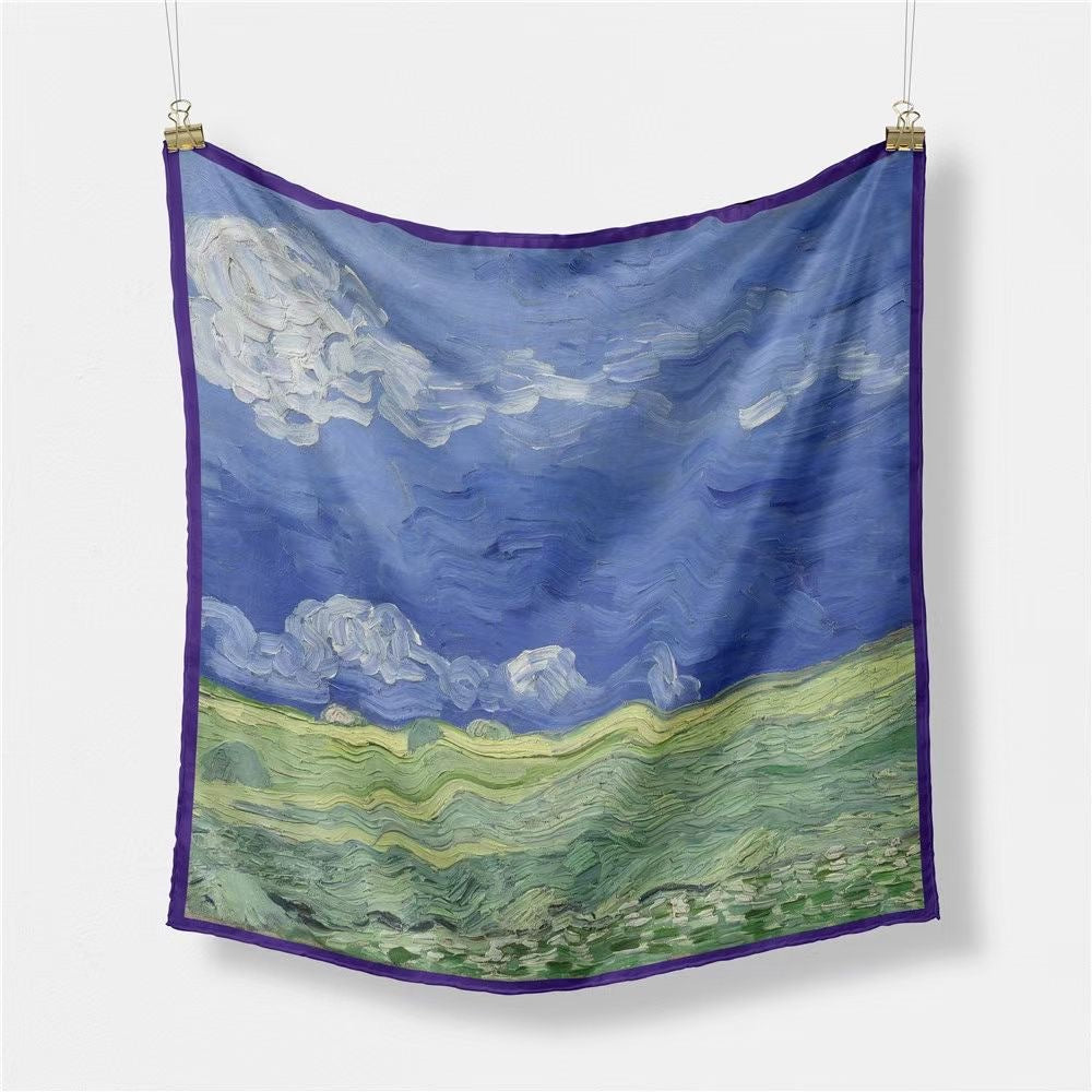 Fashion Van Gogh art oil painting 53cm small square scarf, twill silk imitation silk women's scarf, headband